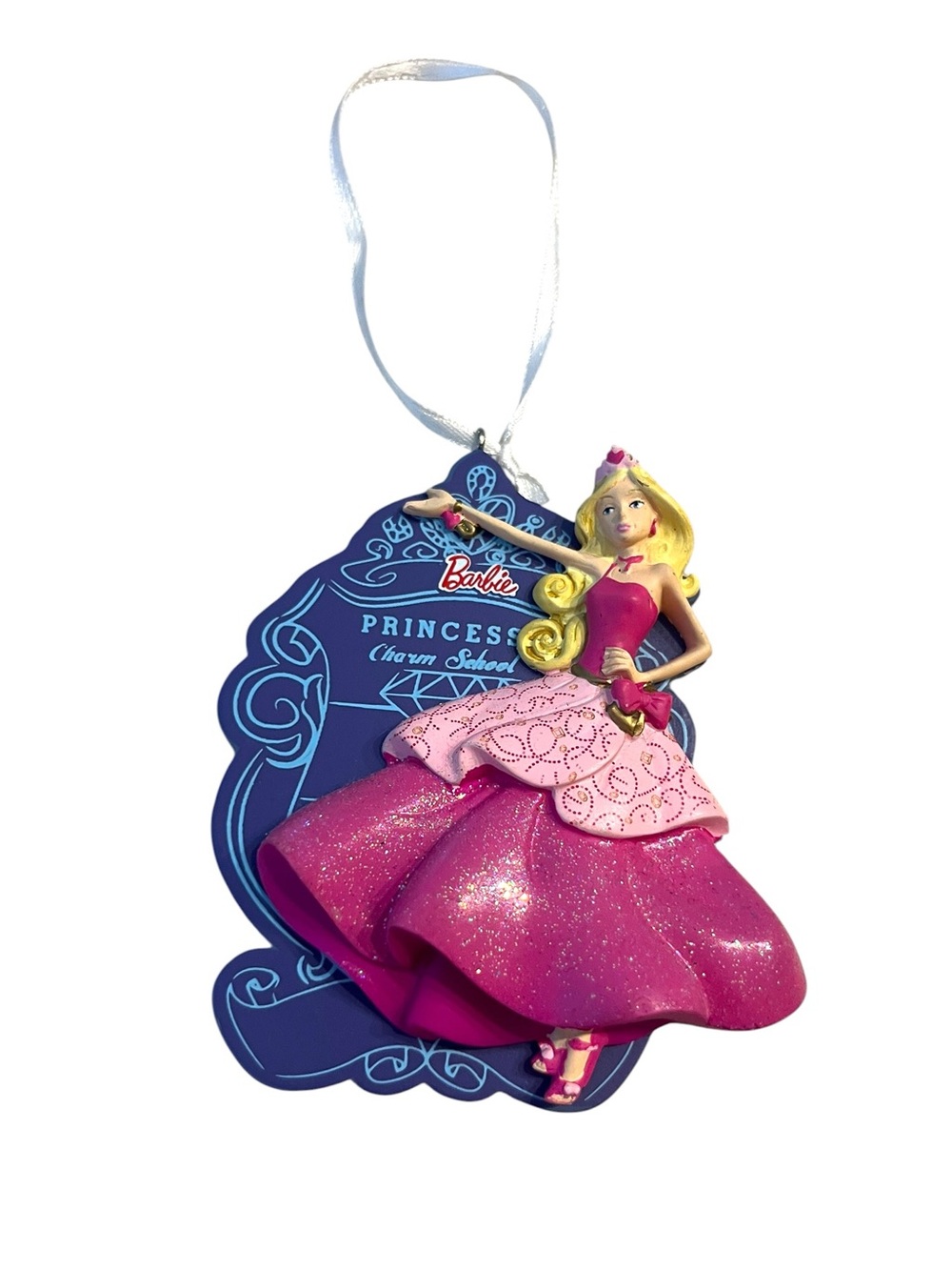 Rare Mattel Barbie Princess Charm School Ornament  Pink Glitter Gown